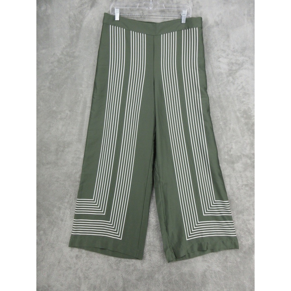 LOFT Pants Womens Size L Green Striped Wide Leg Cropped Pull On Boho Flowy Green